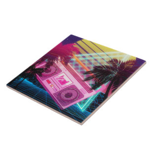 Funky 80s pink boombox with palm trees ceramic tile