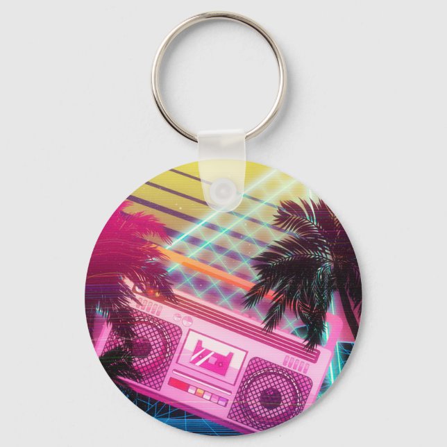 Funky 80s pink boombox with palm trees key ring (Front)