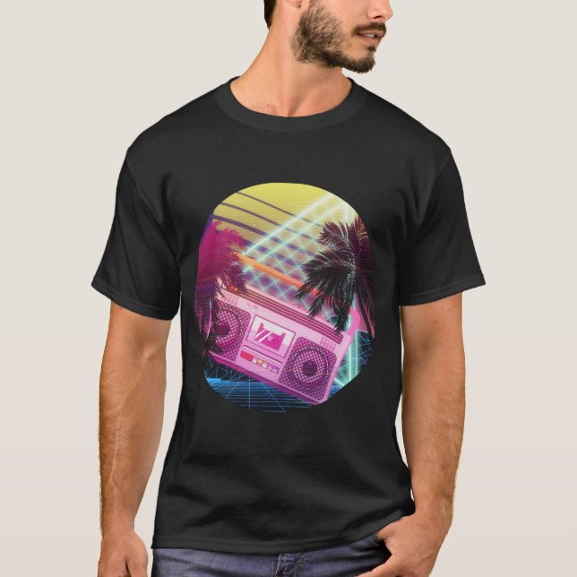 Funky 80s pink boombox with palm trees T-Shirt (Front)