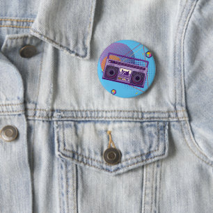 Funky 80s portable radio cassette player, boombox 6 cm round badge