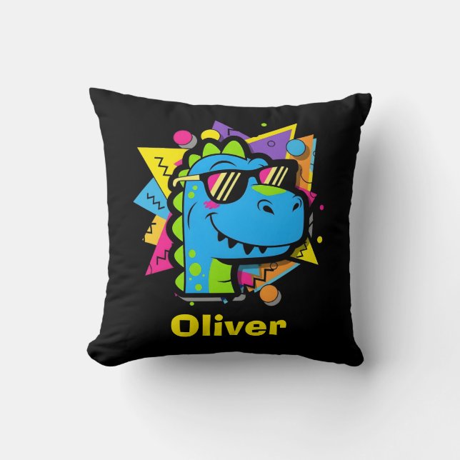 Funky 90s Dinosaur with Sunglasses Retro Geometric Cushion (Front)