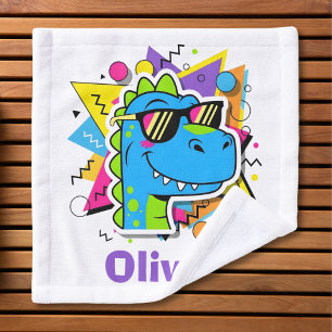 Funky 90s Dinosaur with Sunglasses Retro Geometric Wash Cloth