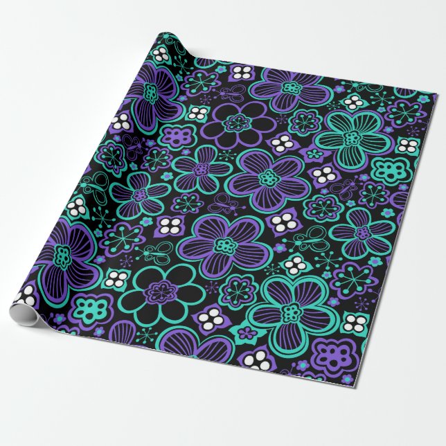 Funky 90s Glow Floral Pattern Black Green Purple Wrapping Paper (Unrolled)