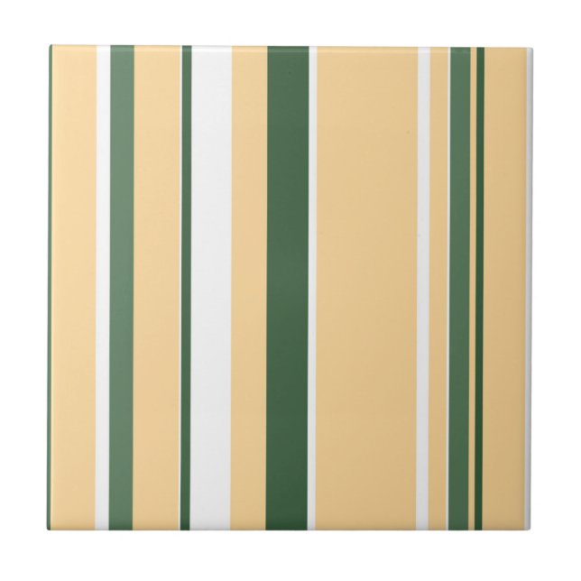 Funky Abstract Art Beige White Green Lines Stripes Ceramic Tile (Front)