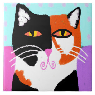 Funky Abstract Art Calico Cat Ceramic Tile