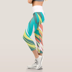 Funky Abstract Art Pastel Turquoise White Capri Leggings