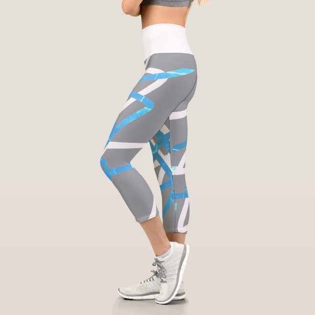 Funky Abstract Art Turquoise Blue Grey Leggings (Left)