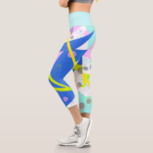 Funky Abstract Art Yellow Blue Pastel Theme Capri Leggings
