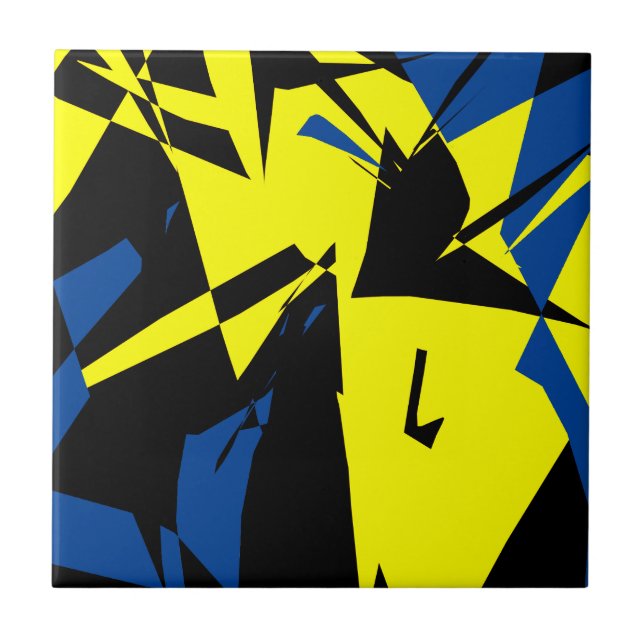 Funky Abstract Black Yellow Blue Ceramic Tile (Front)