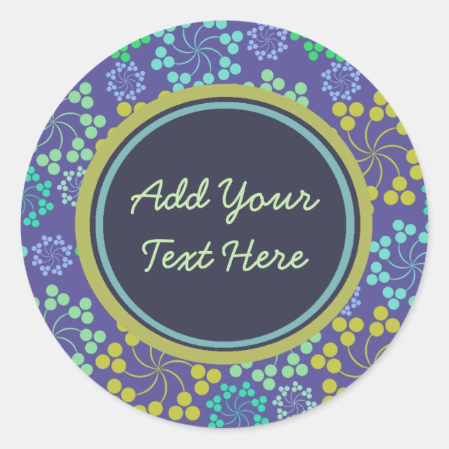 Funky Abstract Blue Floral Pattern Custom Text Classic Round Sticker (Front)