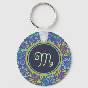 Funky Abstract Blue Floral Pattern Monogram Key Ring