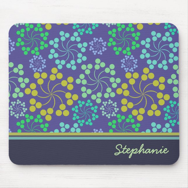 Funky Abstract Blue Floral Pattern Personalised Mouse Pad (Front)