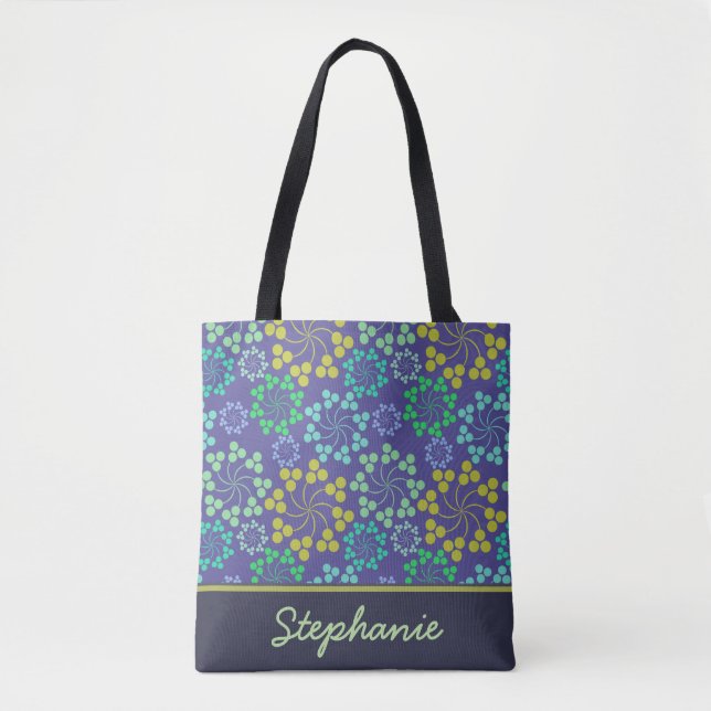 Funky Abstract Blue Floral Pattern Personalised Tote Bag (Front)