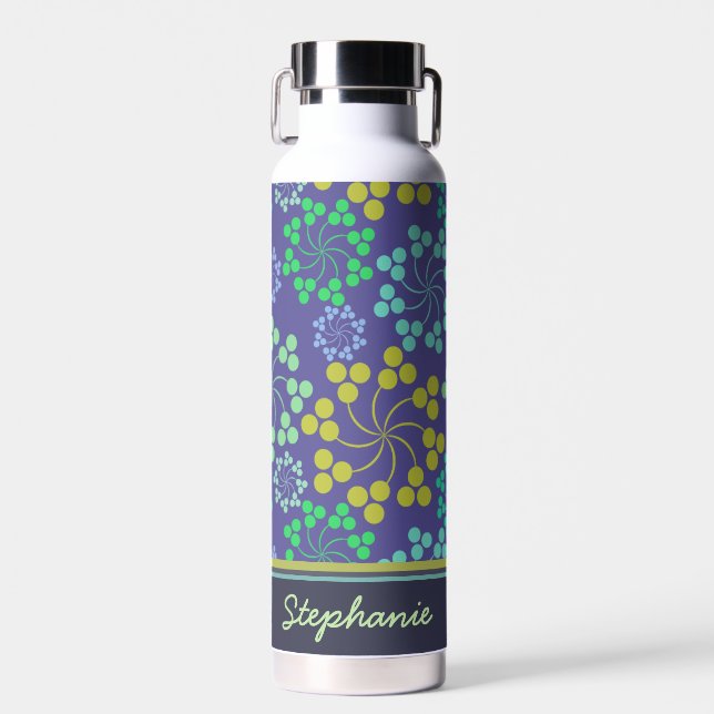 Funky Abstract Blue Floral Pattern Personalised Water Bottle (Front)
