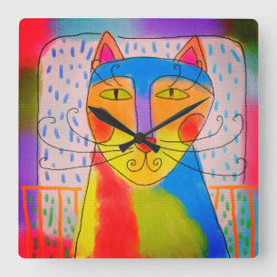 Funky Abstract Cat Art Square Wall Clock
