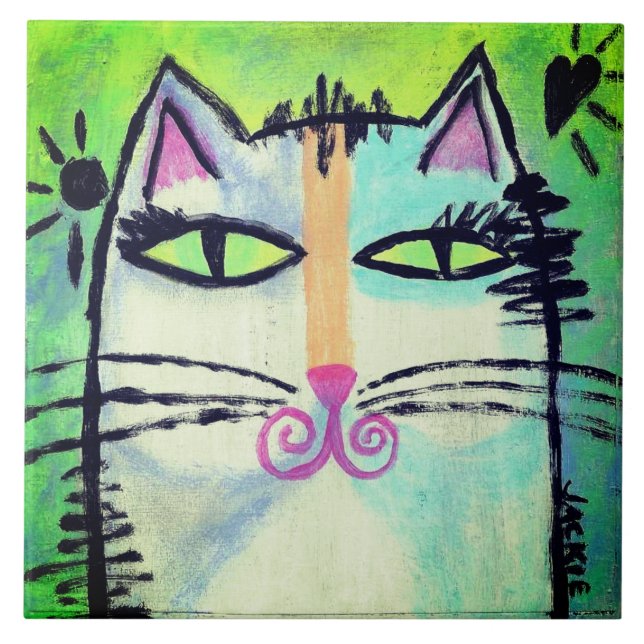 Funky Abstract Cat Painting Ceramic Tile (Front)