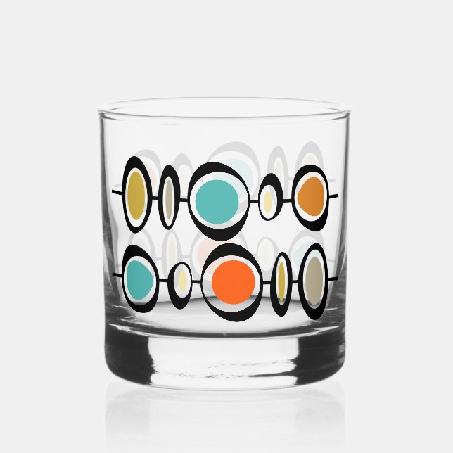Funky Abstract Circles Turquoise Orange Midcentury Whiskey Glass (Front)