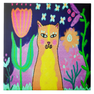 Funky Abstract Digital Cat Art Ceramic Tile