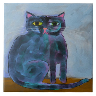 Funky Abstract Digital Cat Painting Ceramic Tile