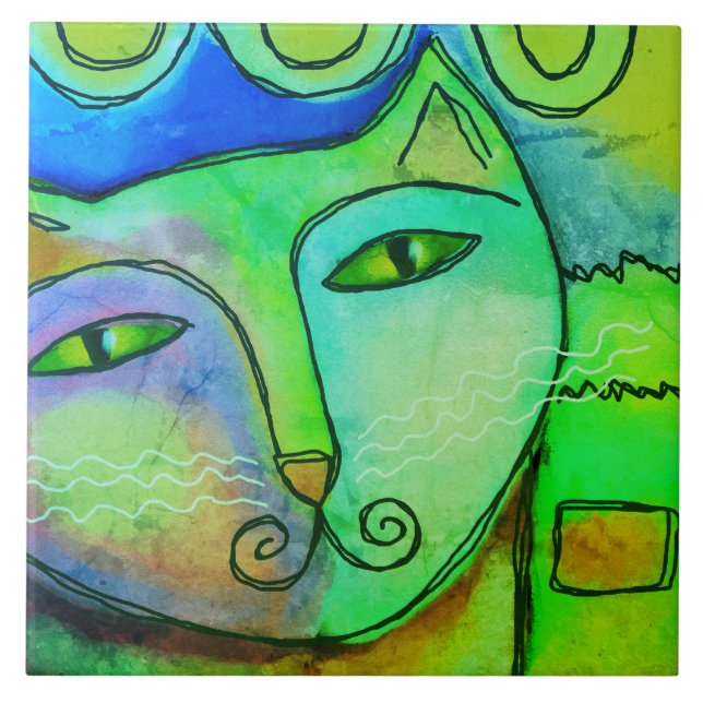 Funky Abstract Digital Cat Painting Ceramic Tile (Front)