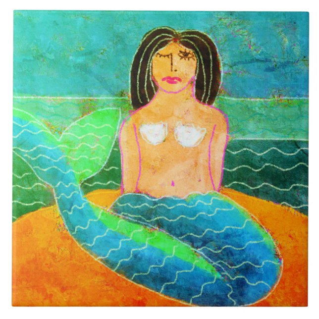 Funky Abstract Digital Mermaid Painting Ceramic Tile (Front)