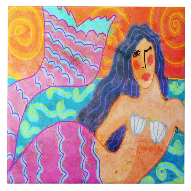 Funky Abstract Digital Mermaid Painting Ceramic Tile (Front)