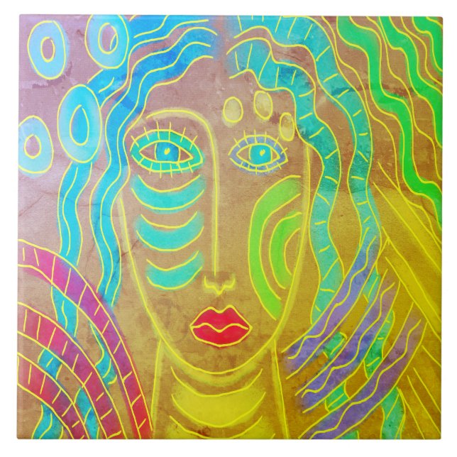 Funky Abstract Digital Painting of a Woman Ceramic Tile (Front)