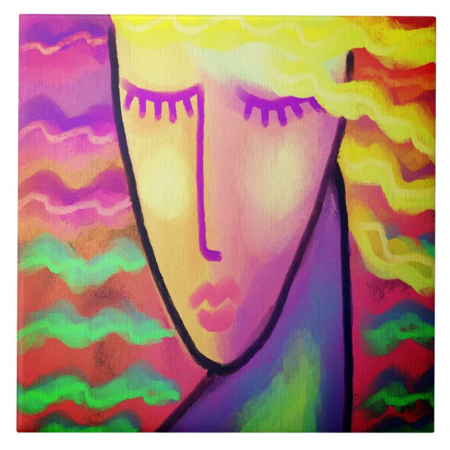 Funky Abstract Digital Painting of a Woman Ceramic Tile (Front)