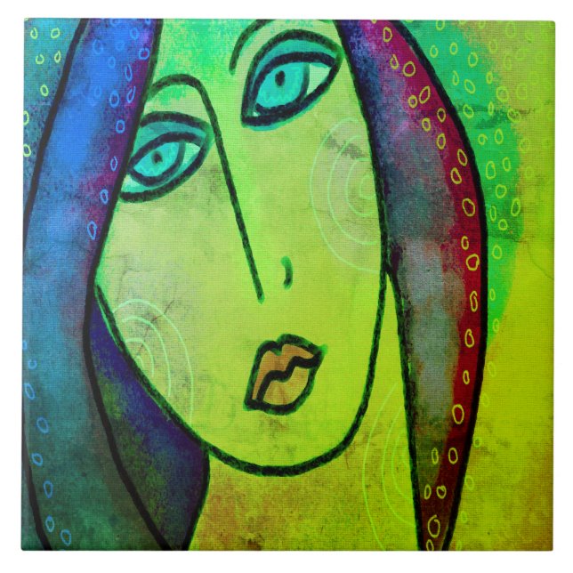 Funky Abstract Digital Portrait of a Woman Ceramic Tile (Front)