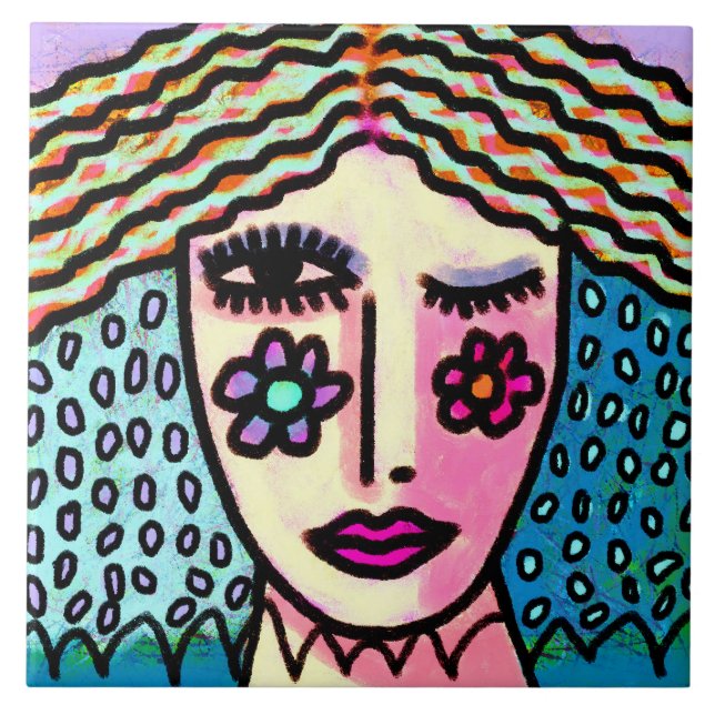 Funky Abstract Digital Portrait of a Woman Ceramic Tile (Front)