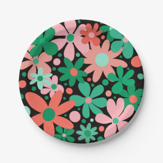 Funky, abstract flowers in green & pink paper plate