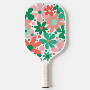 Funky, abstract flowers in pink, green, & coral pickleball paddle