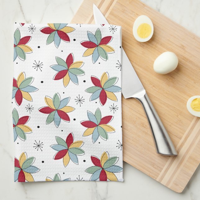 Funky Abstract Flowers Mid-century Tea Towel (Quarter Fold)