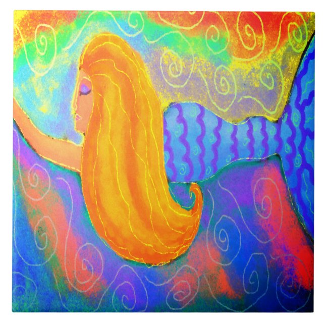 Funky Abstract Mermaid Digital Painting Ceramic Tile (Front)