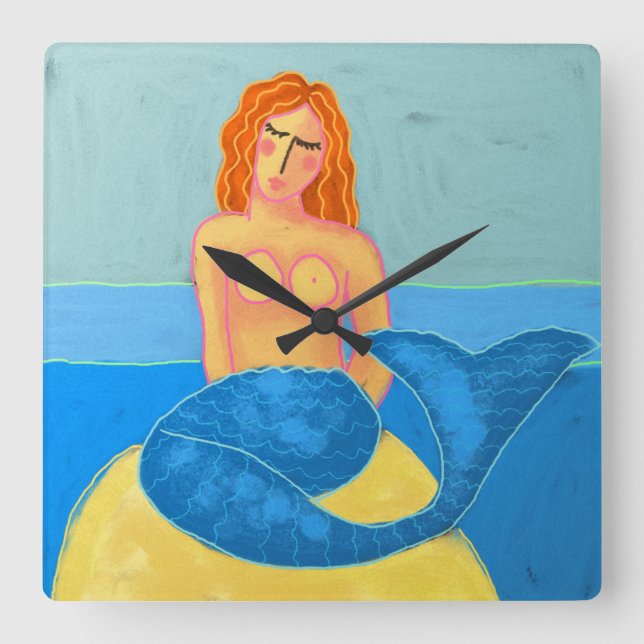 Funky Abstract Mermaid Painting Round Clock (Front)
