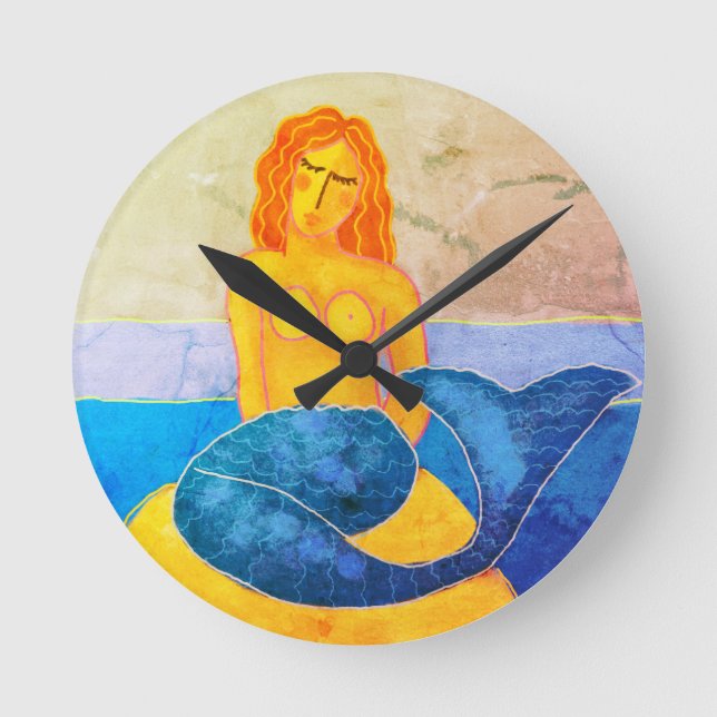 Funky Abstract Mermaid Painting Round Clock (Front)