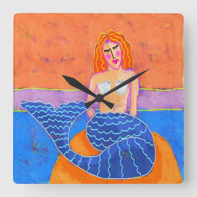 Funky Abstract Mermaid Painting Square Wall Clock (Front)