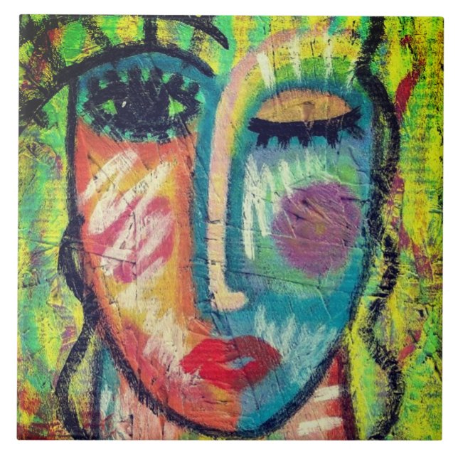 Funky Abstract Portrait of a Woman Ceramic Tile (Front)