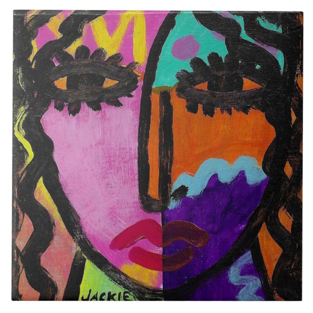 Funky Abstract Portrait of a Woman Ceramic Tile (Front)
