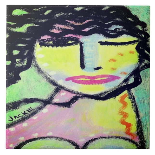 Funky Abstract Portrait of a Woman Ceramic Tile (Front)