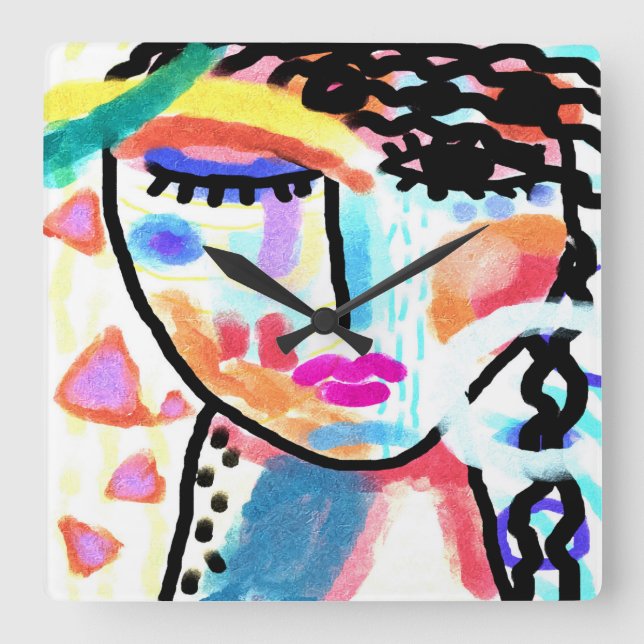 Funky Abstract Portrait of a Woman Square Wall Clock (Front)