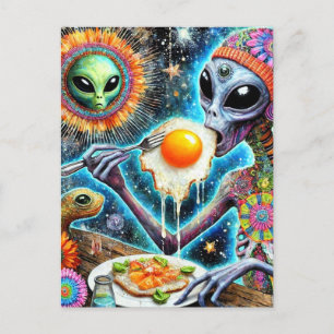 Funky Alien Eating Fried Eggs Postcard
