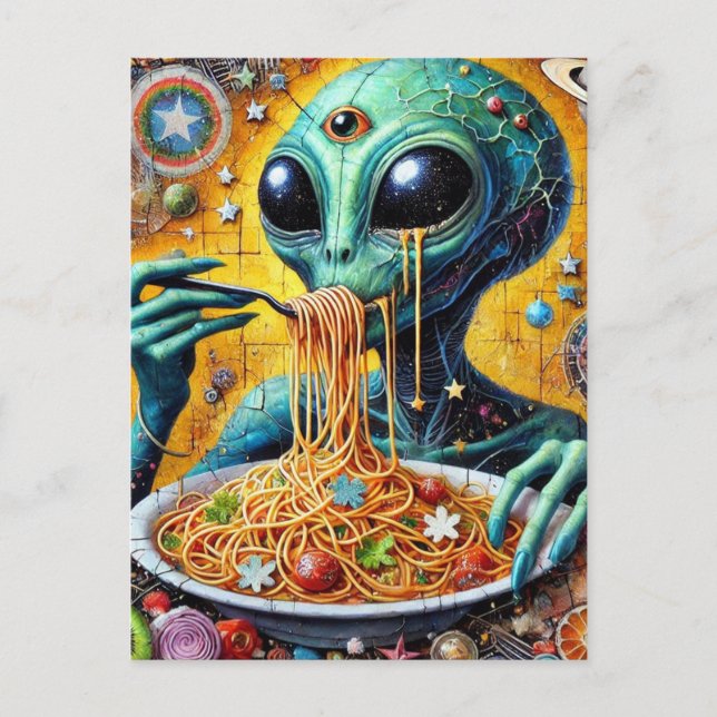 Funky Alien Eating Spaghetti Postcard (Front)