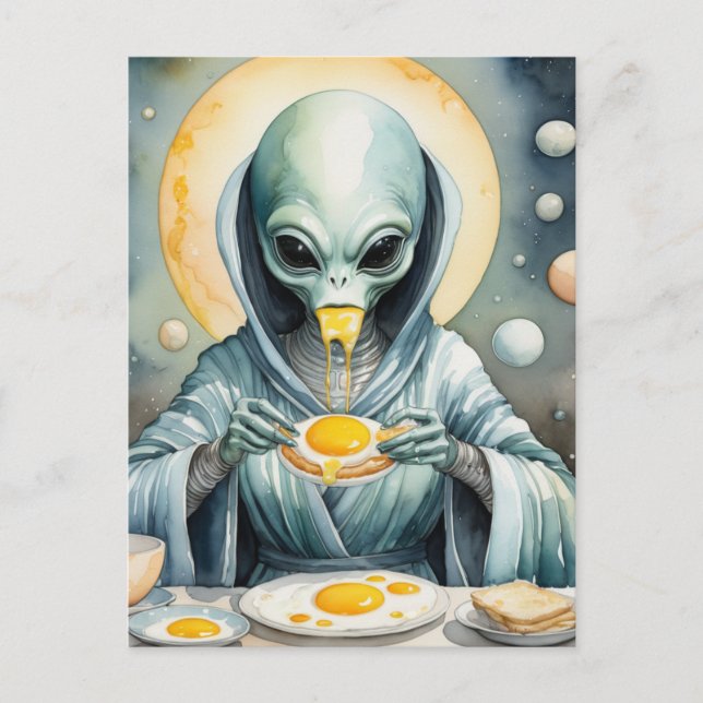 Funky Alien Eats Fried Eggs Runny Yolks Watercolor Postcard (Front)