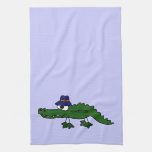 Funky Alligator Wearing Fishing Hat Cartoon Tea Towel