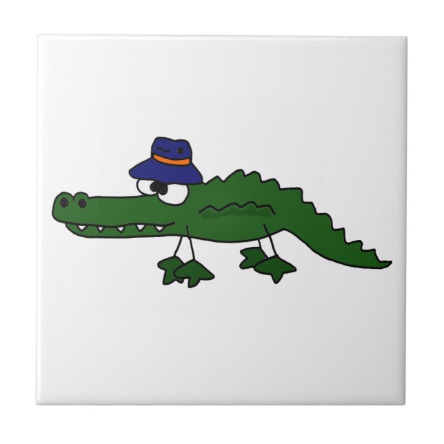 Funky Alligator Wearing Fishing Hat Cartoon Tile (Front)
