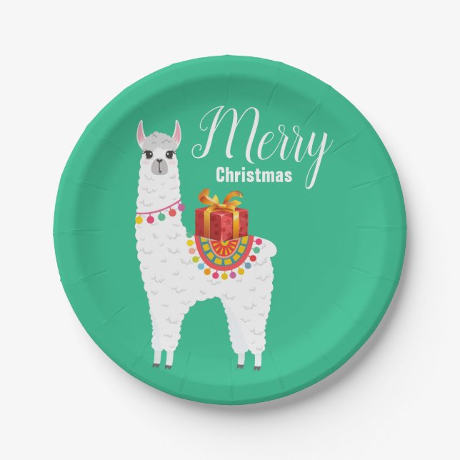 Funky Alpaca Christmas cute llama Paper Plate (Front)