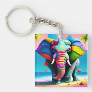 Funky and Playful Rainbow Elephant Print  Key Ring
