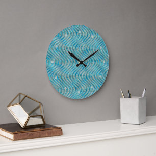 Funky Aqua Turquoise Blue Curved Lines Art Pattern Large Clock