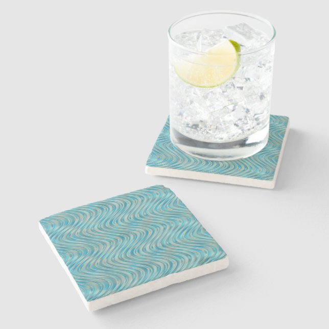 Funky Aqua Turquoise Blue Curved Lines Art Pattern Stone Coaster (Side)